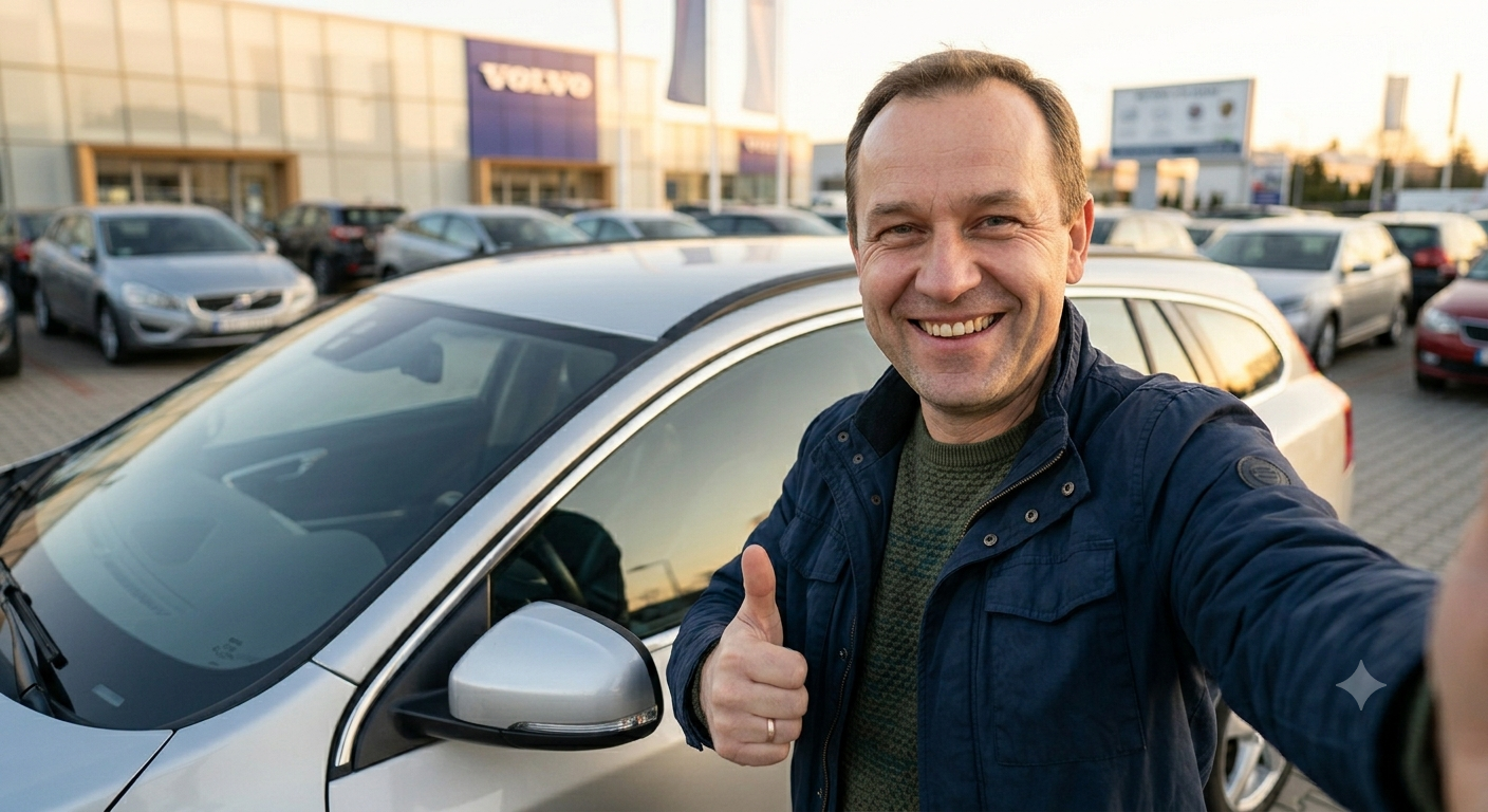Zadowolony Tomek przy kupionym samochodzie